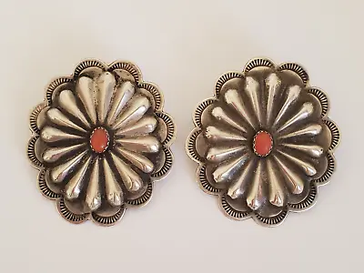 Vintage Signed Native American Sterling Silver & Coral Stamped Concho Earrings • $85