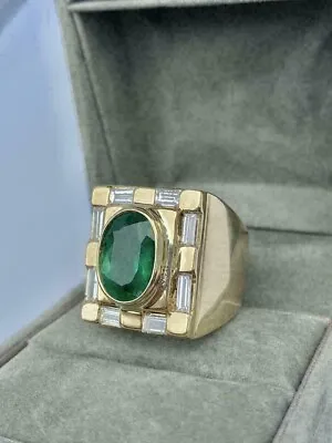 Vintage Men's 5.00ct Green Emerald & Sim Diamond Ring In 18K Yellow Gold Finish  • $222