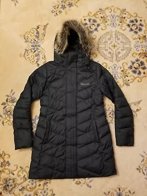 Marmot Women's M Varma 700 Down Parka Jacket Long Fur Hood Size Medium Black • $99