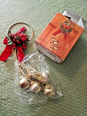 Vintage Christmas Golden Bell Door Hanger In Orig. Box 11.5  Red Ribbon & Holly • $1