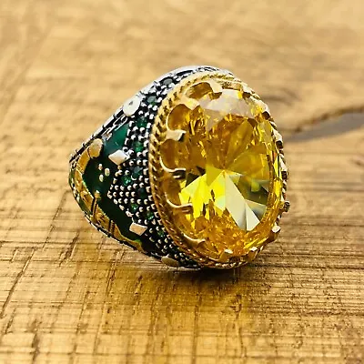 Silver Mens Ring Yellow Citrine Oval Stone Ring Turkish Handmade Jewelry • $47