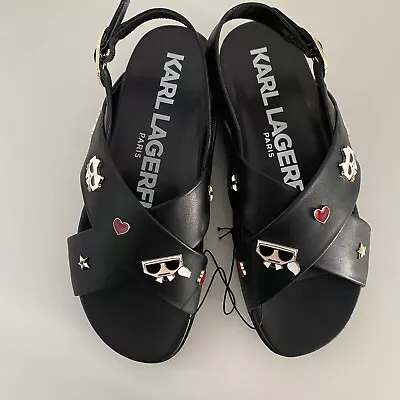 KARL LAGERFELD Women’s Black Buckle Sandals With Logo Charms Size 9 Shoes NEW • $78