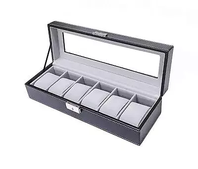 ® Watch Box Large 6 Mens Black Pu Leather Display Glass Top Jewelry Case Orga... • $24.92