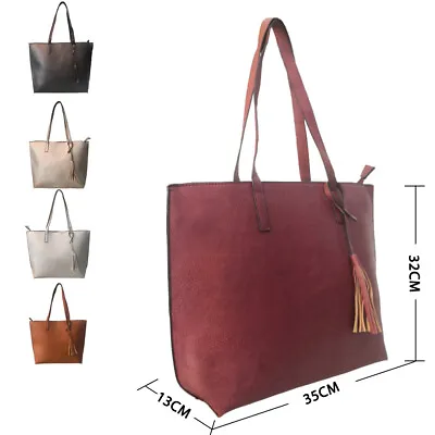 Womens Tassel Style Faux Leather Tote Bag Shopper Bag Ladies Shoulder Handbag • £12.49