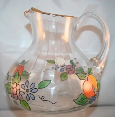 Romania Crystal Clear Venetian Fruit Flower Pitcher Hand Painted Gold Trim 8  • $22.99