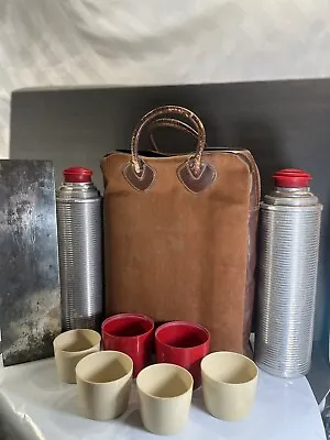 L.L. Bean 1950's Leather Canvas Thermos Carrier Bag W/ 2 Stanley 2484 Cups & Box • $290.92