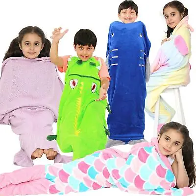 Kids Blanket Mermaid Tail Crocodile Unicorn Shark Soft Fleece Sleeping Bag Fancy • £4.99