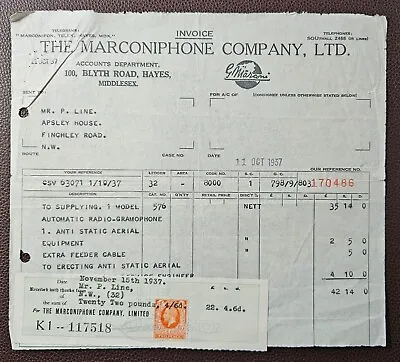 1937 The Marconiphone Company Blyth Road Hayes Invoice • $6.21