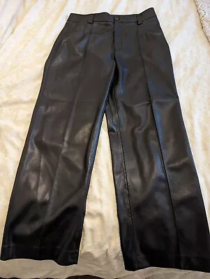 Zara Black Trousers 16 XL Wide Leg Faux Leather Pants Vgc Pleated Leggings Women • £19.99