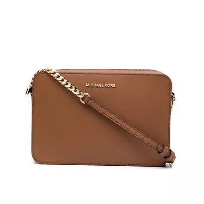 Michael Kors Logo Plaque Leather Satchel Bag Brown Leather Gold Chain Crossbody • $49.99