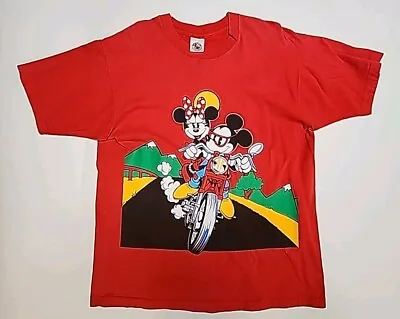 VTG 90s SINGLE STITCH T Shirt Mickey & Co Mickey Minnie Mouse Motorcycle Red XL • $29.99