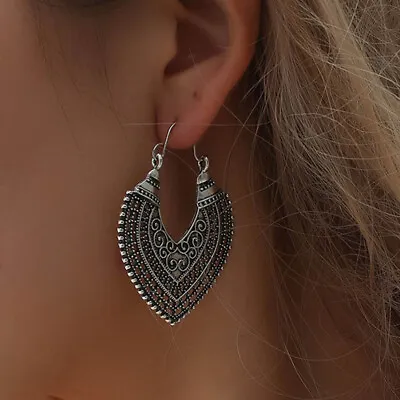 £4.90 • Buy Heart Earrings Ethnic Tribal Aztec Hippy Boho Dangle Statement Silver Tibetan UK