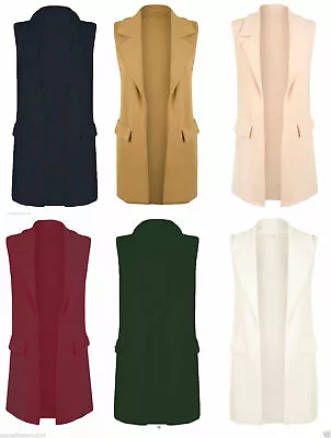 Womens Ladies Sleeveless Long Duster Coat Waistcoat Smart Blazer Plus Size  • £12.95