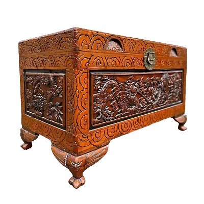 Vintage Carved Asian Camphor Wood Storage Trunk Ottoman Blanket Chest • £295