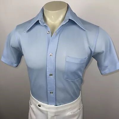 Vtg 60s 70s Mens Button Shirt Disco Polyester Kmart Dagger Collar Blue Medium • $61.51