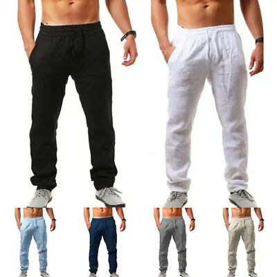 $3.56 • Buy Mens Drawstring Casual Linen Baggy Yoga Pants Loose Straight Beach Long Trousers