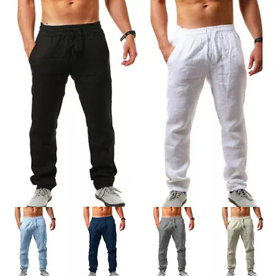 Mens Drawstring Casual Linen Baggy Yoga Pants Loose Straight Beach Long Trousers • $15.43