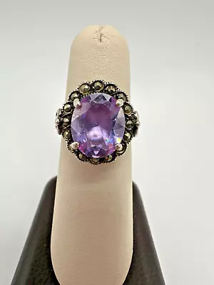 Sterling Silver Amethyst Oval Gemstone Marcasite Stone Ring Size 7 6.8g • £0.76