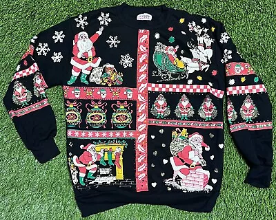 VTG Nutcracker Christmas Santa Claus AOP Glitter Crew Neck Sweatshirt SZ M Black • $14.99