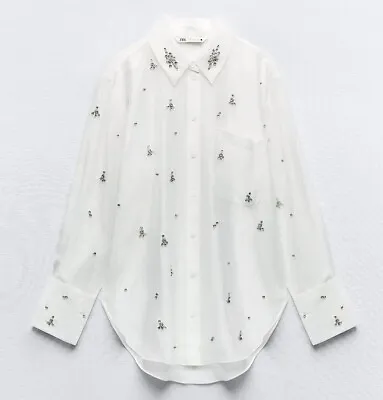 $89.95 • Buy Zara Woman Semi-sheer Embroidered Rhinestone Shirt Oyster White 4786/271 New