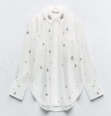 $89.95 • Buy Zara Woman Semi-sheer Embroidered Rhinestone Shirt Oyster White 4786/271 New