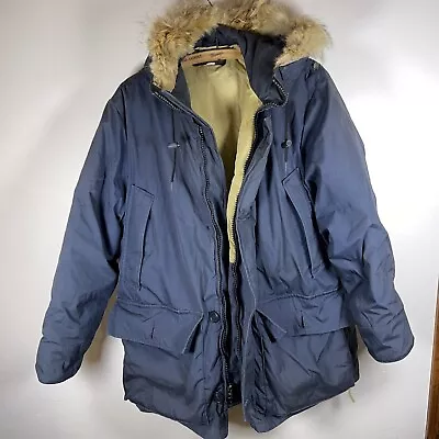 Vintage Eddie Bauer Goose Down Mens Sz XL Parka Jacket Navy W/ Coyote Fur Hood • $199