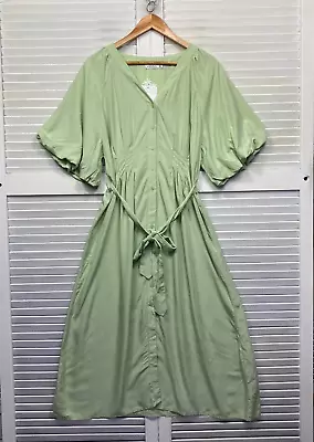 Delilah Dress Womens 14 Green Button Up Short Sleeve Maxi V Neck Belt New • $24.95