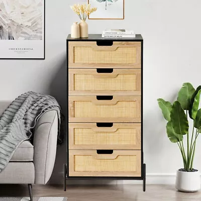 Rattan Chest Of Drawers Dresser For Bedroom Nightstand Wood Top Storage Cabinet • $165.99