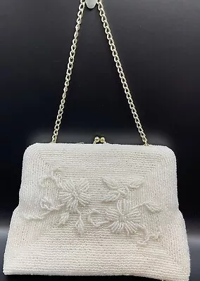 Vtg 1960s Handmade WALBORG White Seed Beaded Evening Bag With Chain Handle • $25