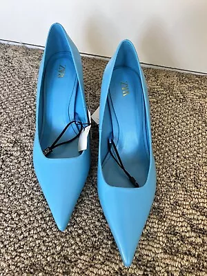 New Zara Heeled Leather Pumps With Squared VampSize 8USColor Blue • £57.84