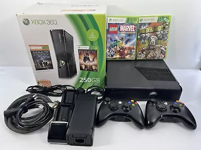 Xbox 360 S Slim 250GB Console W/ Box 2 Controllers 2 Games & Cords Tested • $99.99