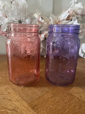 Vintage Large Set Of 2 Mason Jars 7” T Collectible Syndicate Pink & Purple Glass • $30