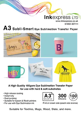 £68.50 • Buy 100gsm A3 Subli-Smart HR Sublimation Paper For Hard + Soft Substrates 300 Sheets