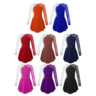 Girls Rhinestone Long Sleeve Skating Dress Ballet Leotard Competition Costume • £19.31