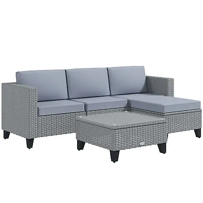 Outsunny 5 PCs Rattan Garden Furniture Set With Glass Coffee Table Grey • £309.99