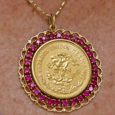 Vintage 1918 Twenty 20 Pesos Mexican Aztec Gold Coin Set In 14k Gemstone Pendant • $2795