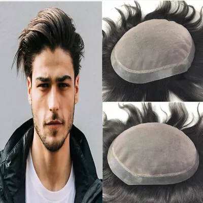 Durable Men Human Hair Replacement System Hairpiece Fine Mono Skin Around Toupee • $93.99