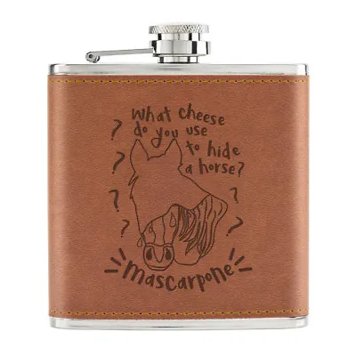 Mascarpone Horse Joke 6oz PU Leather Hip Flask Tan - Funny Pony Cheese • £12.99