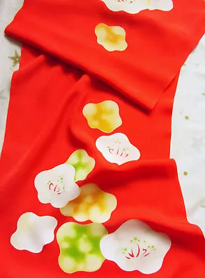 Vintage Japanese Kimono Wedding Silk Fabric Piece Bold Blossoms On Red 65ins • £4.99