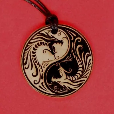 Ying Yang Necklace Dragons #2 Solid Wooden Wood Pendant Can Be Personalised • £7