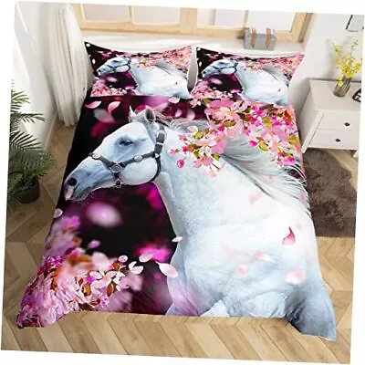  White Horse Duvet CoverRomantic Pink Cherry Blossoms Comforter Full Multi 32 • $69.07