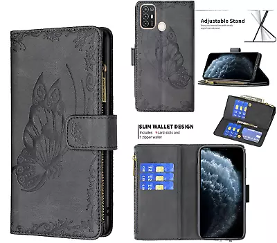 ZTE Blade A52 Suede Wallet Case Butterfly Embossing 9 Card Slots Zip Pocket • $13.50