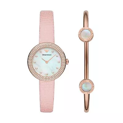 Womens Wristwatch + Bracelet EMPORIO ARMANI AR80061SET Leather Pink Gold Rose • $317.60