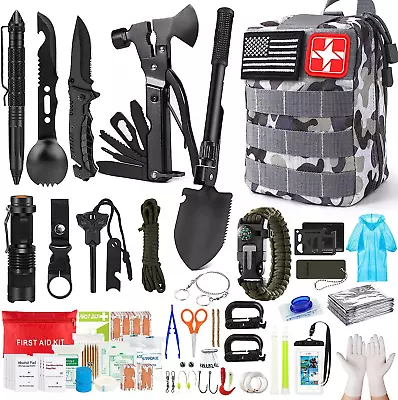 222 PCS Survival Kit Military Tactic Backpack Gear First Aid Kits Hiking Camping • $52.95