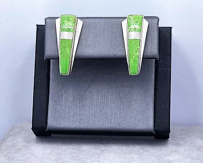 Marie Tsosie Navajo Handmade Lime Green Gaspeite Inlay Sterling Silver Earrings • $174.97