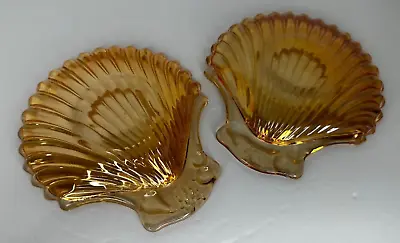 Set Of Two Vintage Scallop Seashell Peach Carnival Glass Dishes Trinkets • $18.99