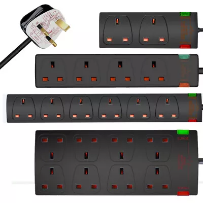 £13.99 • Buy Surge Protected Mains Extension Lead UK Power Cable Plug 2/4/6/8 Socket Black
