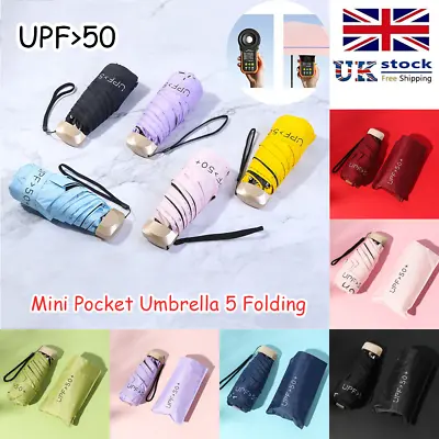 Windproof Mini Pocket Fold Umbrella Small Super Light Five-fold Bag 5 Folding UV • £8.29