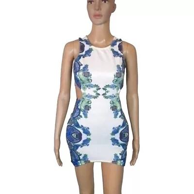 Sundays Dress Sz 8 Floral Bodycon Cut Out Strapless  Summer Party White Blue • $31.37