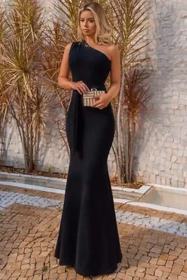 £25.99 • Buy Black One Shoulder Long Evening Dress Wedding Guest Party Prom Dress Size UK 16